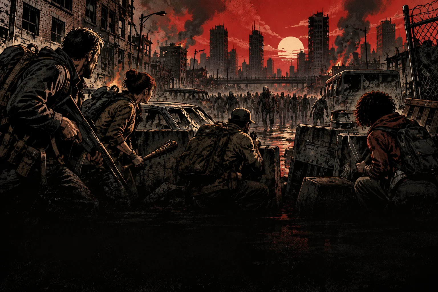 Survivors hold a barricade against the original city outbreak